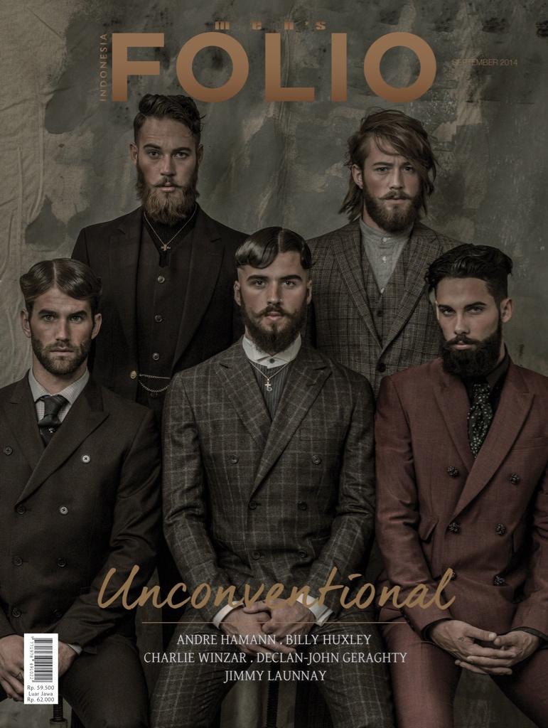 Men’s Folio Indonesia September 2014. (Fashion Issue) featuring Andre Hamann, Billy Huxley, Charlie Winzar, Declan-John Geraghty &amp; Jimmy Launnay. Photographer: Arseto Adiputra Styling: Graham Cruz Hair: Jody Taylor + Svajunas Grybe Grooming: Joey Choy