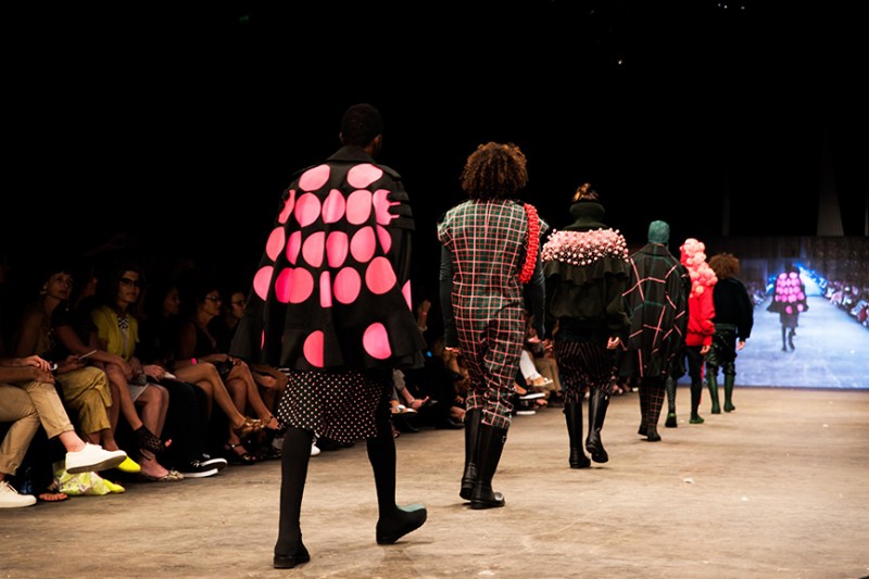 Presenting menswear collection from Tel-Aviv based fashion designer Roy Drahi's "Gnomes Liberation Front", which ranges from kitsch tough, with shades of green, pink and red decorated with pom-poms.
